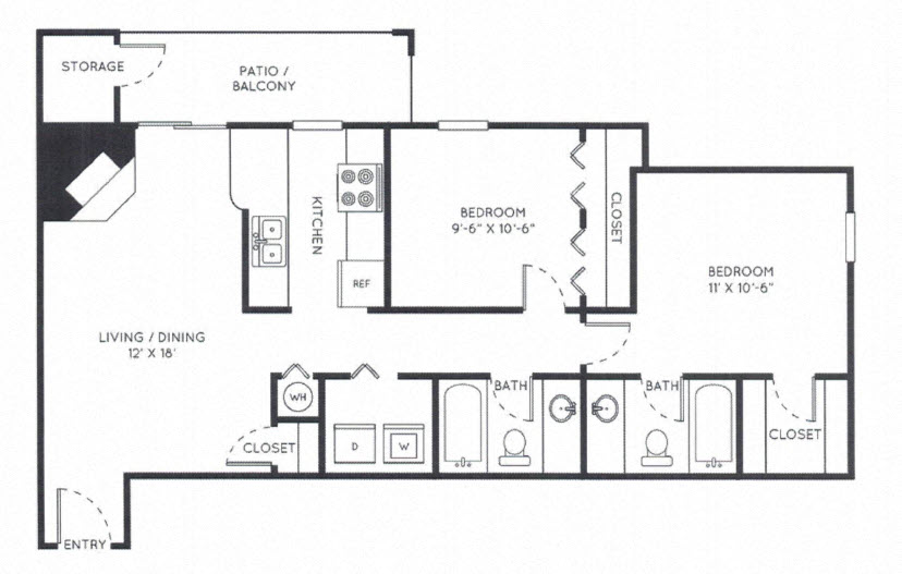 Floor plan for 2 beds, 2 baths, 830 sqft